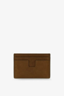 Tom Ford men’s suede card holder in brown leather with minimalist design and stitched edges