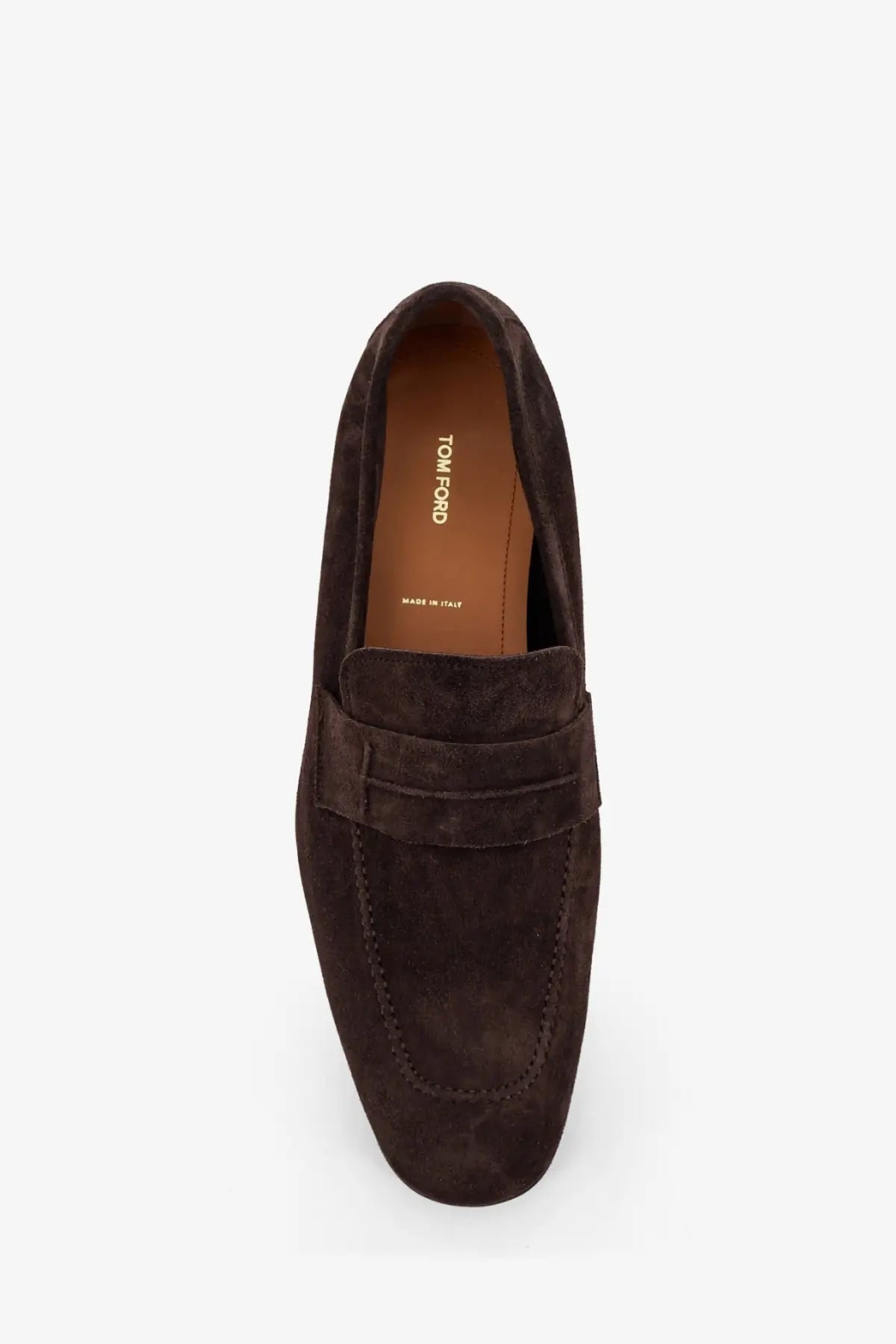 Tom Ford men’s suede loafers in dark brown with classic slip-on design and visible brand label on the insole
