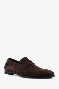 Brown suede loafer with classic penny strap design tom ford men’s suede loafers brown front view