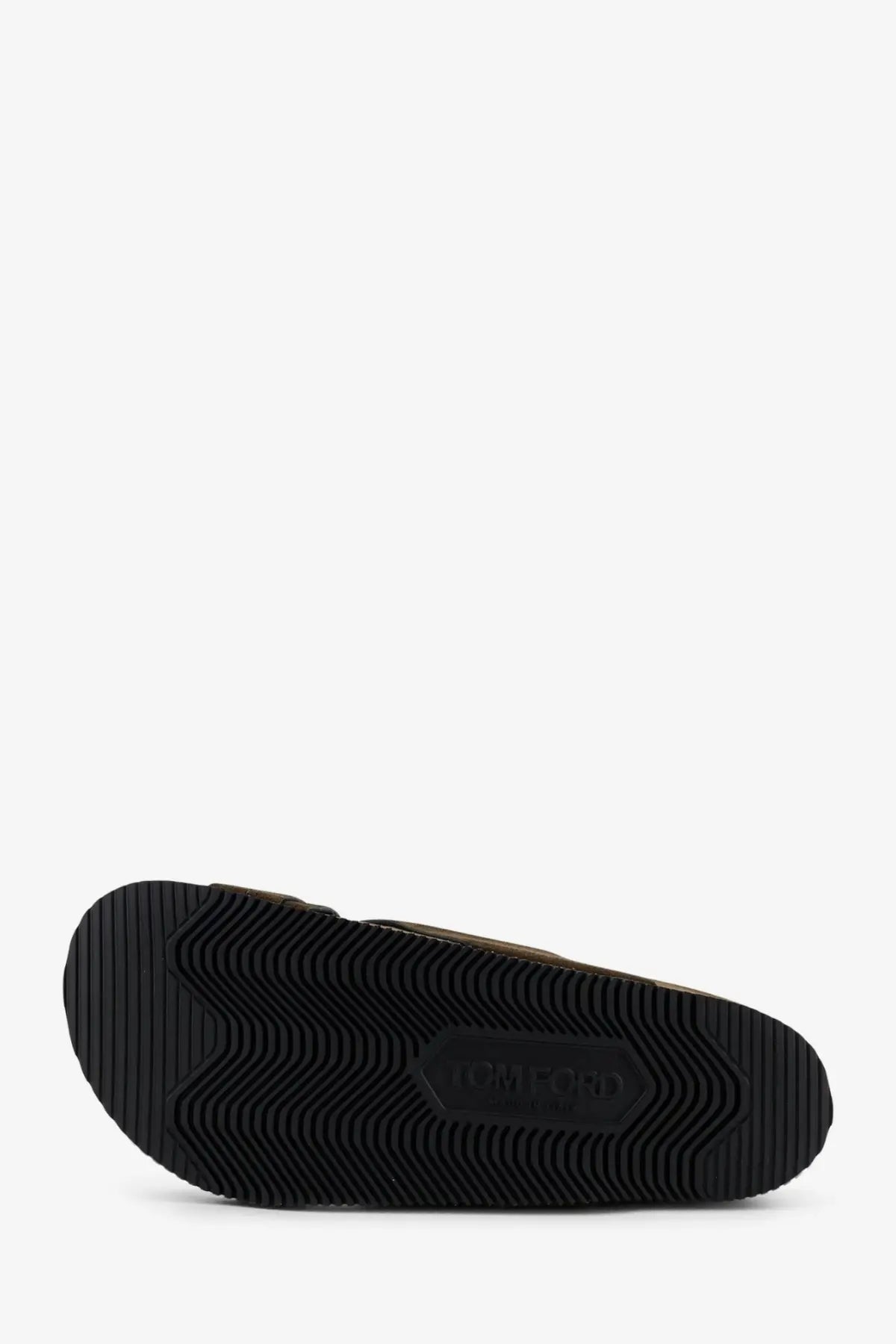 Black rubber sole with wavy texture and tom ford logo embossed in the center of tom ford men’s green suede sandals