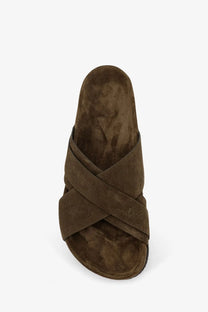 Brown suede cross-strap slide sandal showcasing tom ford men’s suede sandals green in a stylish design