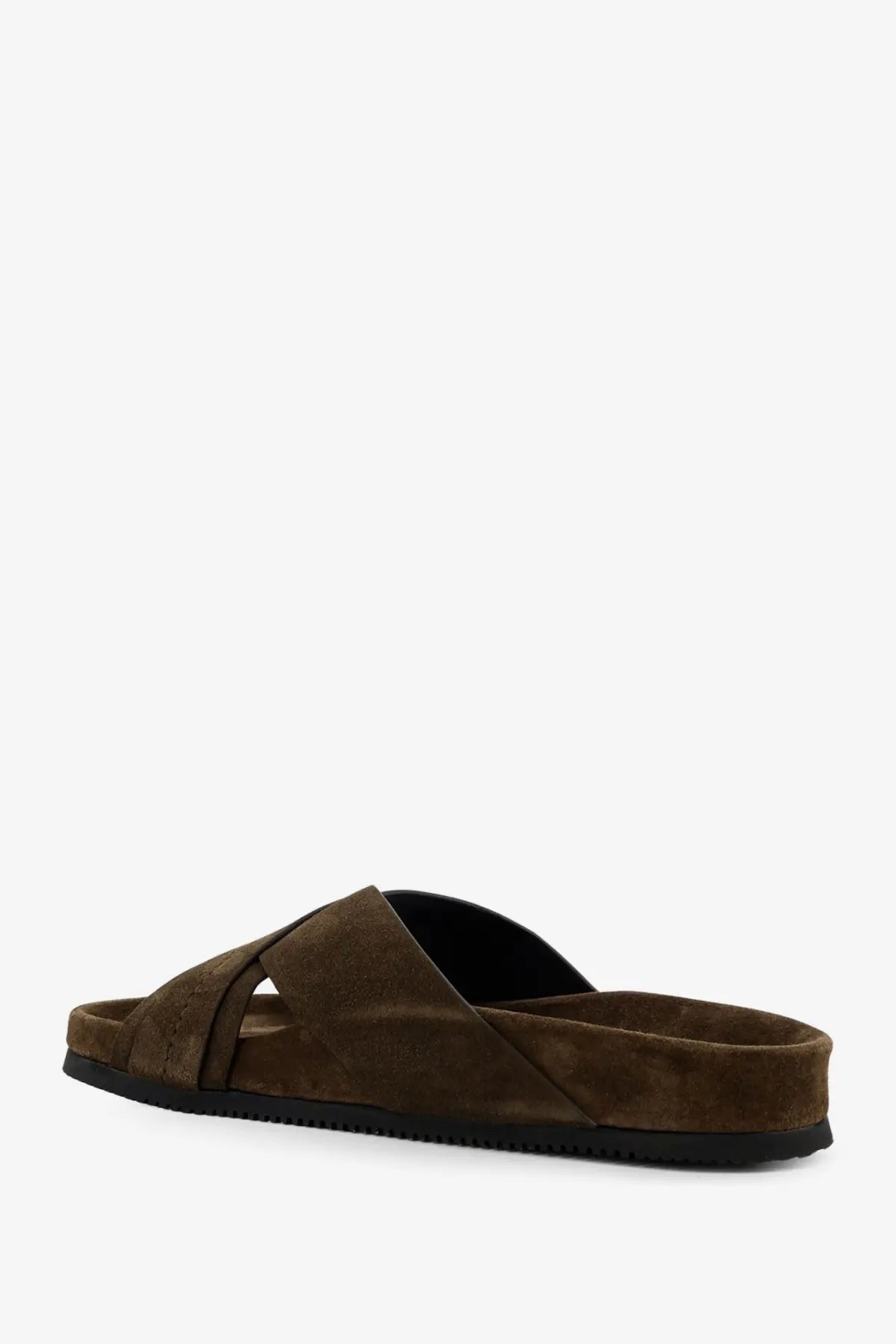 Tom ford men’s suede slide sandal in brown with black rubber sole and crisscross strap design