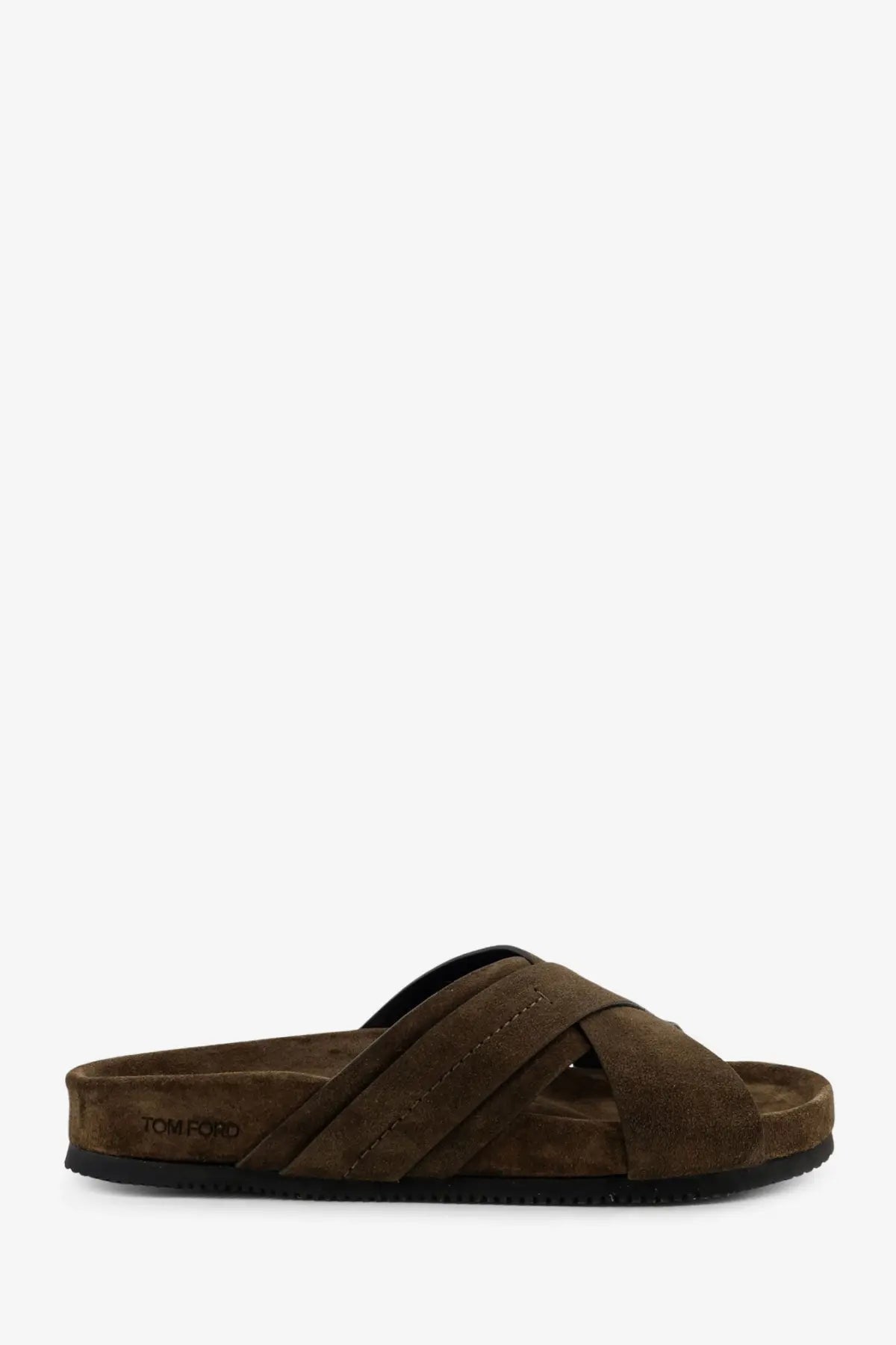 Tom Ford men’s suede sandals green with brown crisscross straps and black rubber sole featuring brand logo on insole