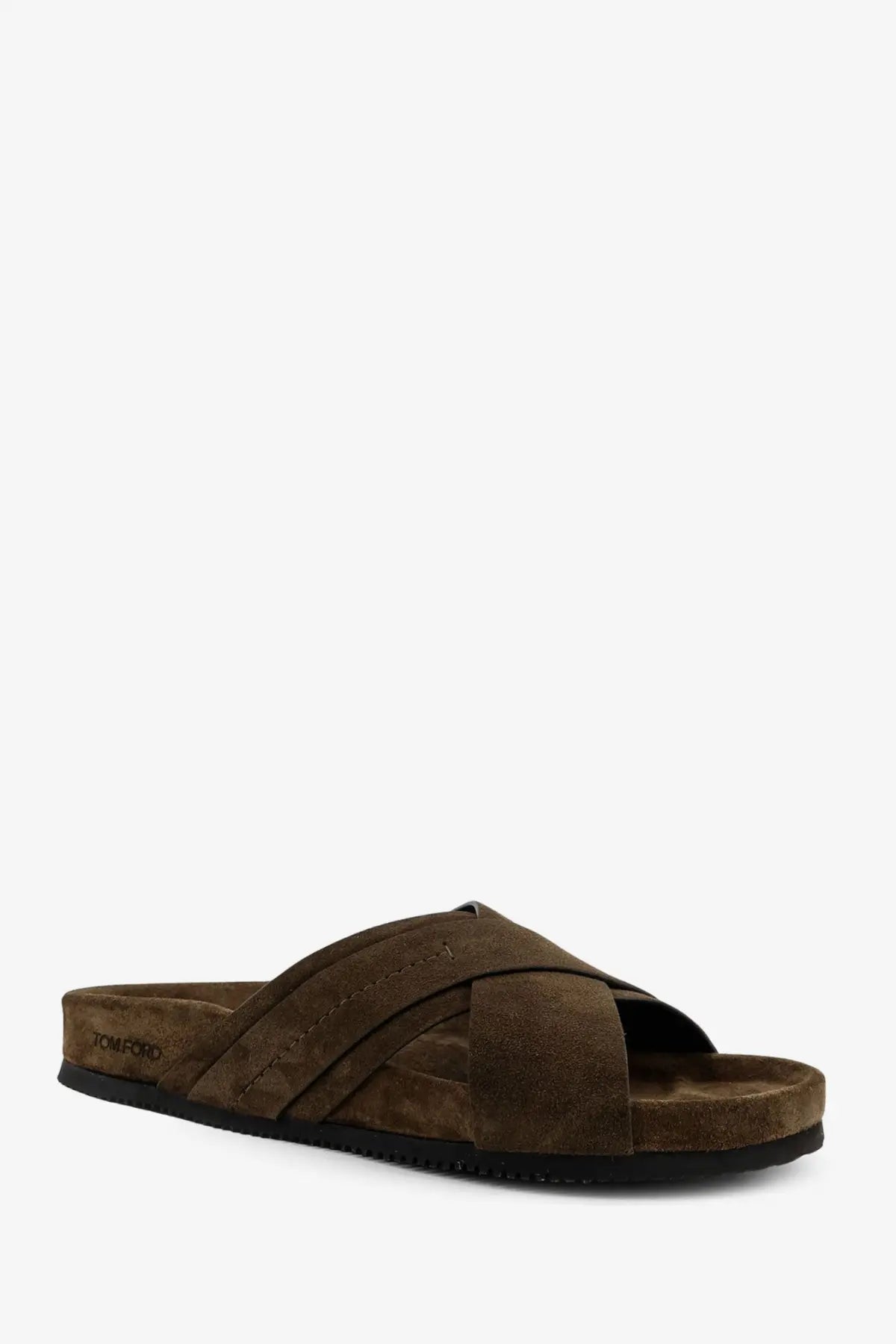 Tom Ford men’s suede sandals in brown with crisscross straps and a black rubber sole