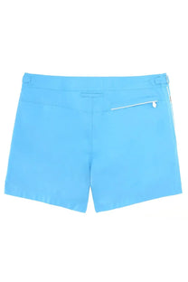 Tom Ford men’s swimsuit blue light blue swim trunks with sleek modern design and white zipper detail