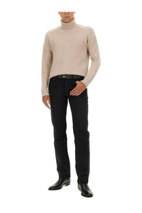 Beige ribbed turtleneck sweater by Tom Ford for men made from soft knit fabric for stylish warmth and comfort