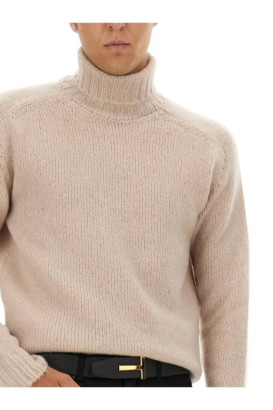 Beige ribbed turtleneck sweater with soft textured knit from Tom Ford menswear collection