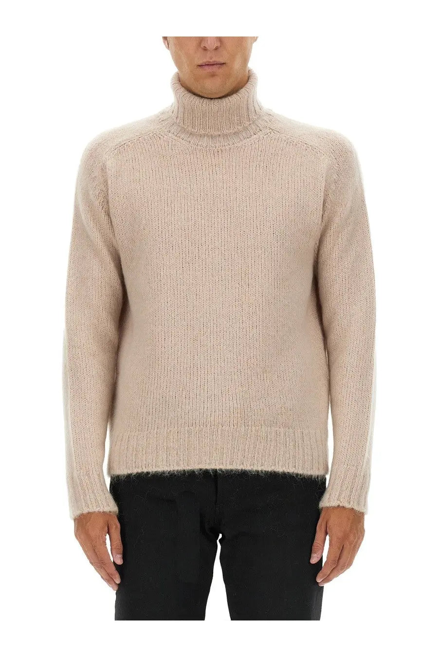 Tom Ford men’s beige turtleneck shirt with ribbed knit texture and soft fuzzy hem in a warm sweater style