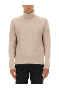 Tom Ford men’s beige turtleneck shirt with ribbed knit texture and soft fuzzy hem in a warm sweater style