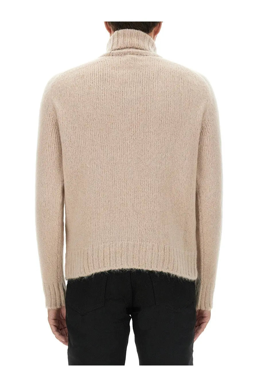 Beige tom ford men’s turtleneck shirt with ribbed knit texture and soft slightly fuzzy finish