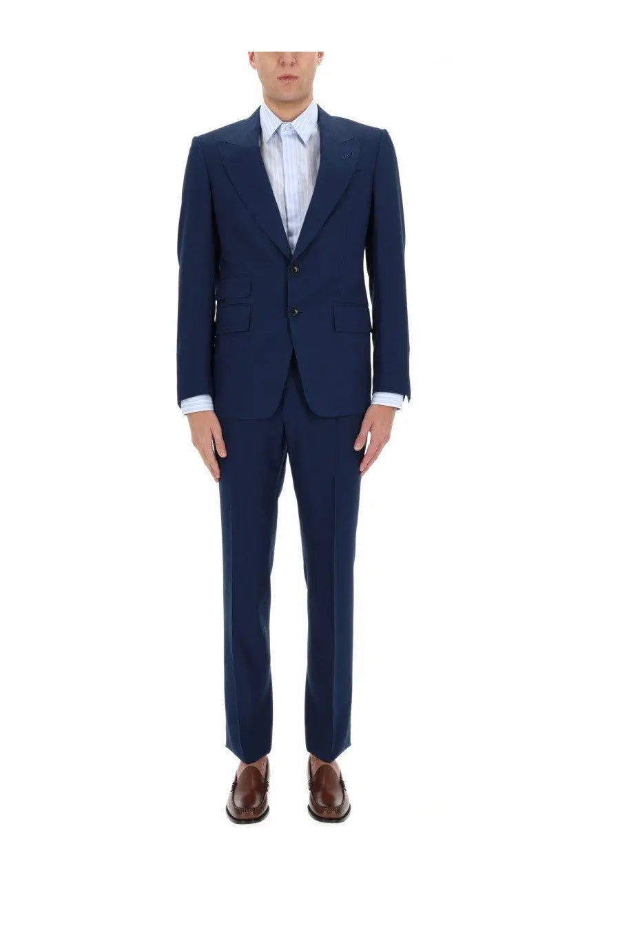 Navy blue tailored Tom Ford men’s two piece wool dress suit with subtle texture and classic two button front