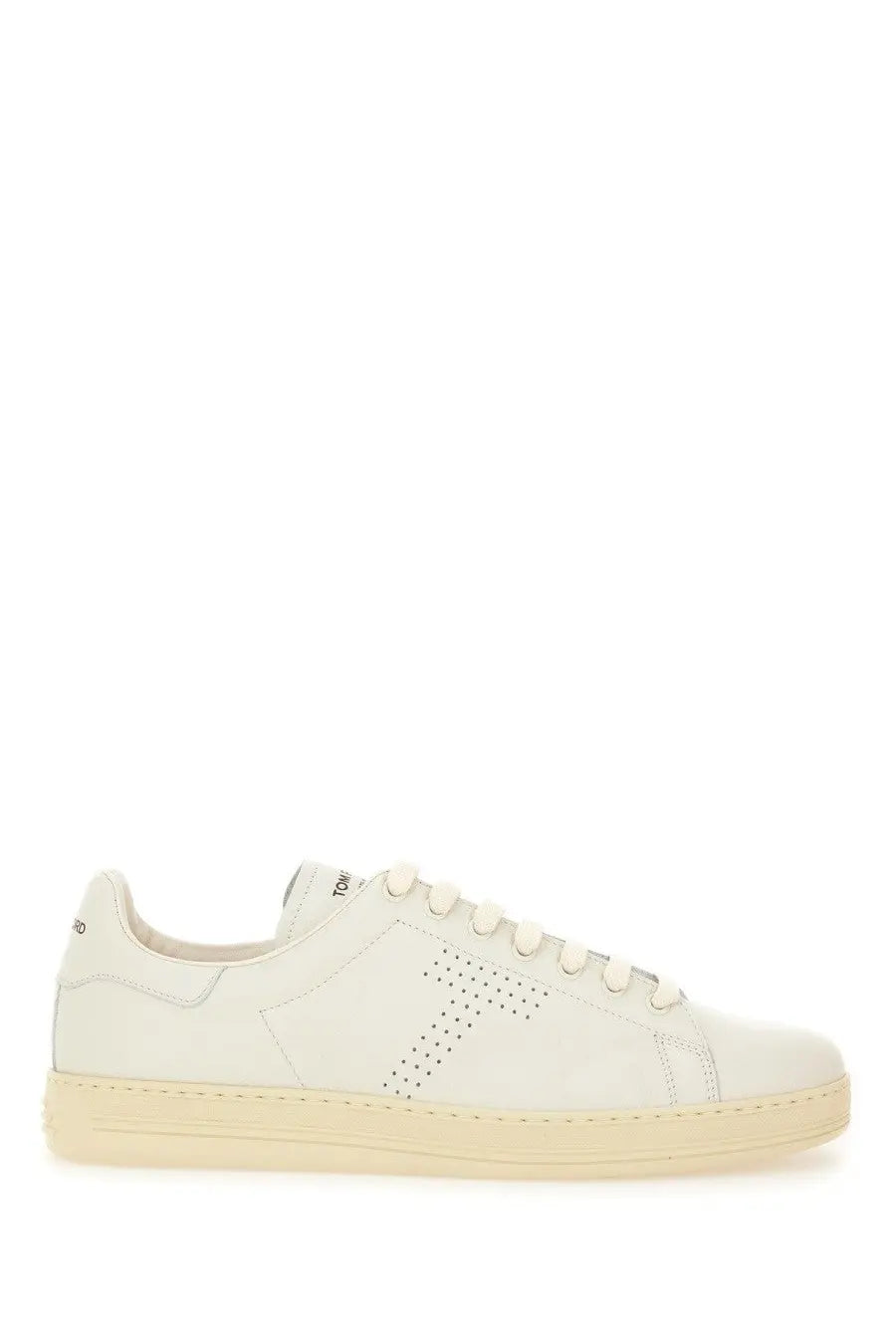 Tom Ford men’s Warwick sneaker in white leather with perforated detailing and cream rubber sole in low-top style