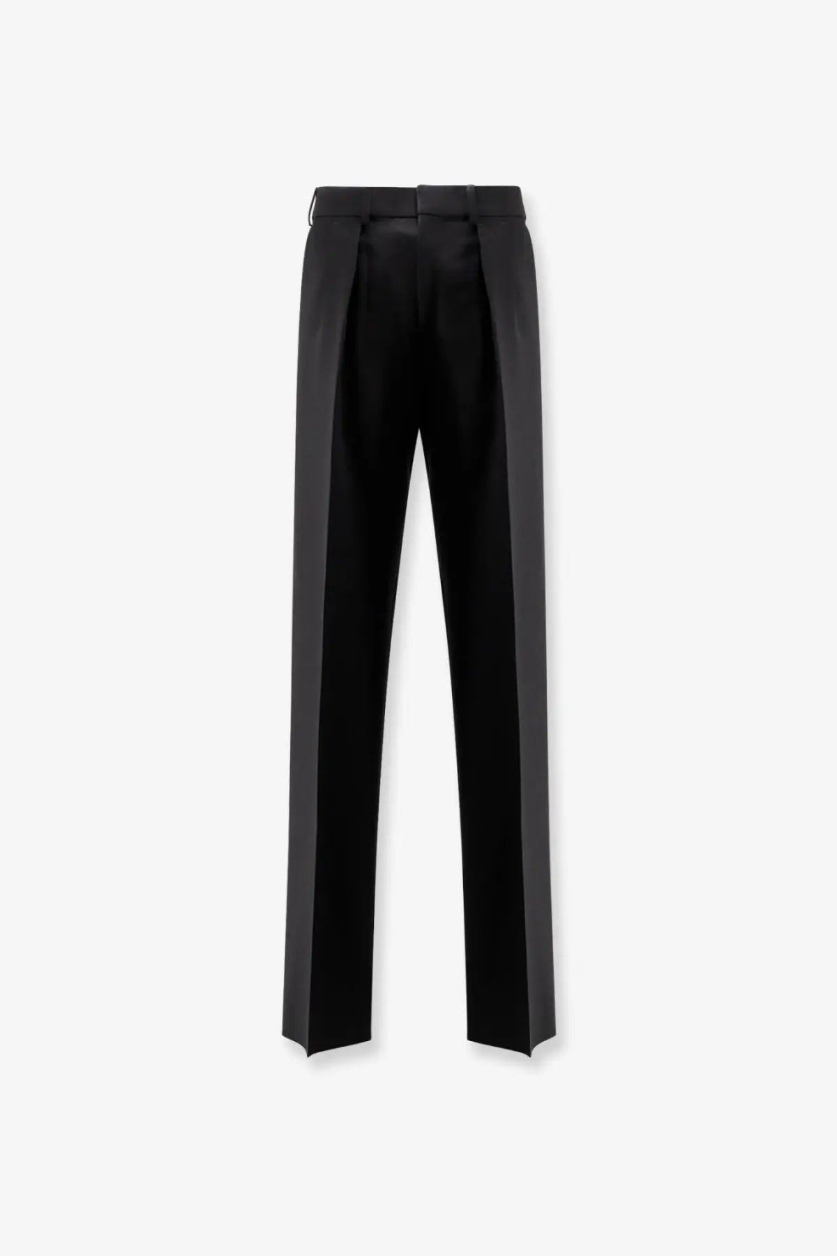 Tom Ford men’s black wool tailored trousers with sleek straight-leg cut and subtle pleats at the waistband