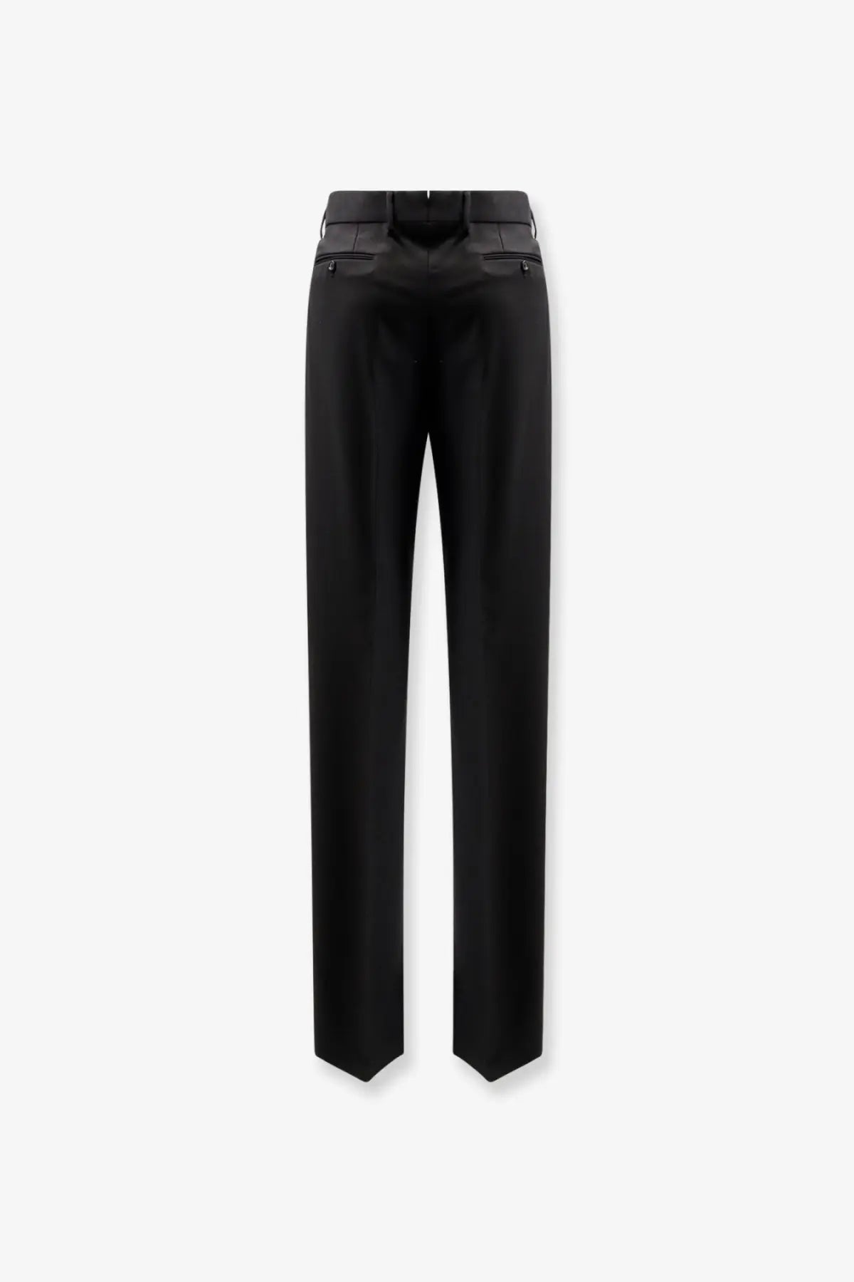 Tom Ford men’s black wool tailored trousers with sleek straight-leg cut and subtle waistband pleats
