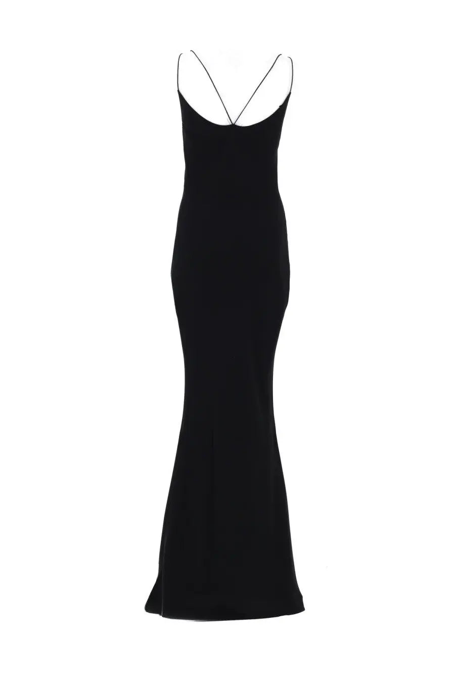 Tom Ford women’s black satin slip dress with thin double straps and mermaid silhouette front view