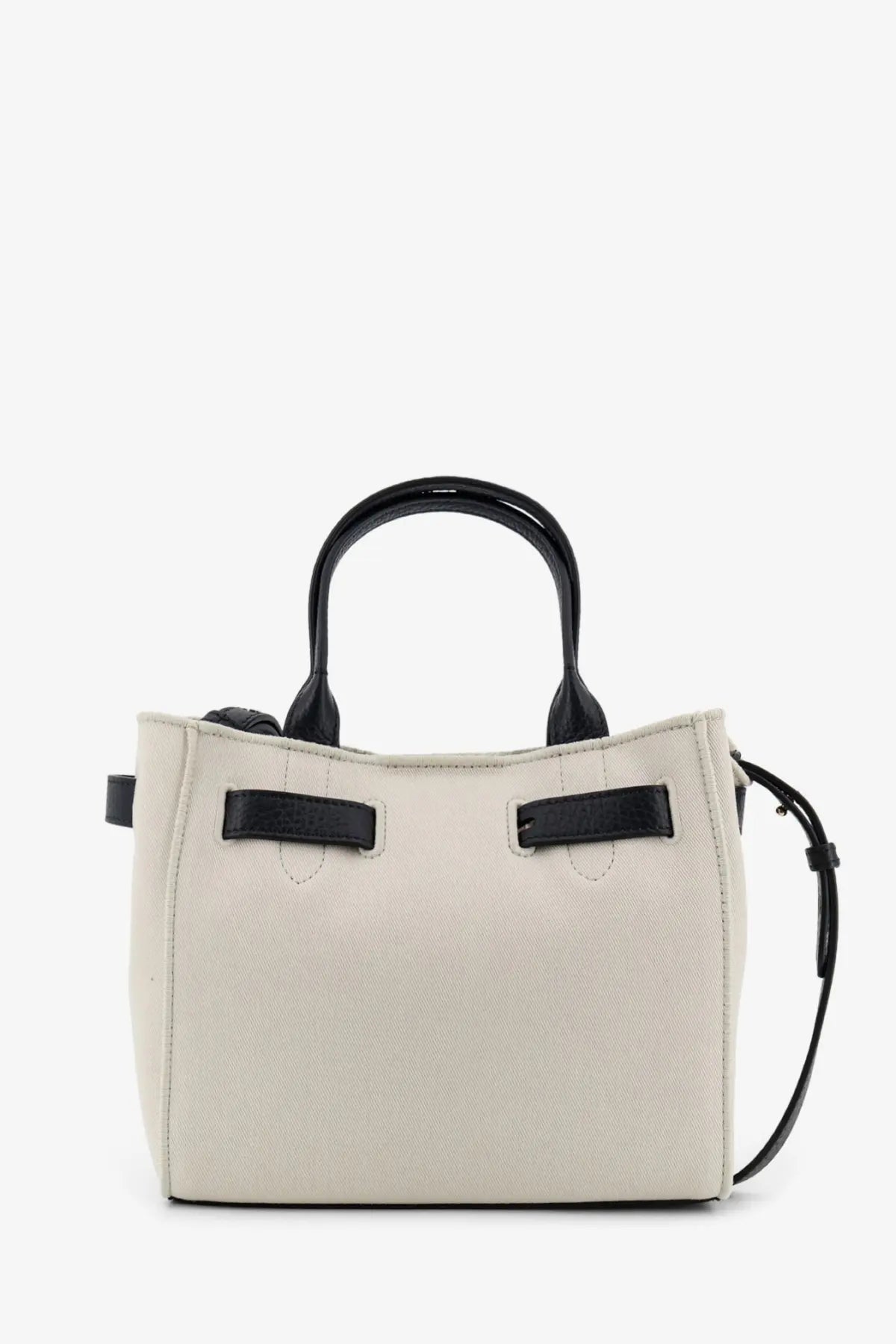 Tom ford women’s Audrey canvas handbag cream-colored textured tote with black leather handles and strap minimalist design
