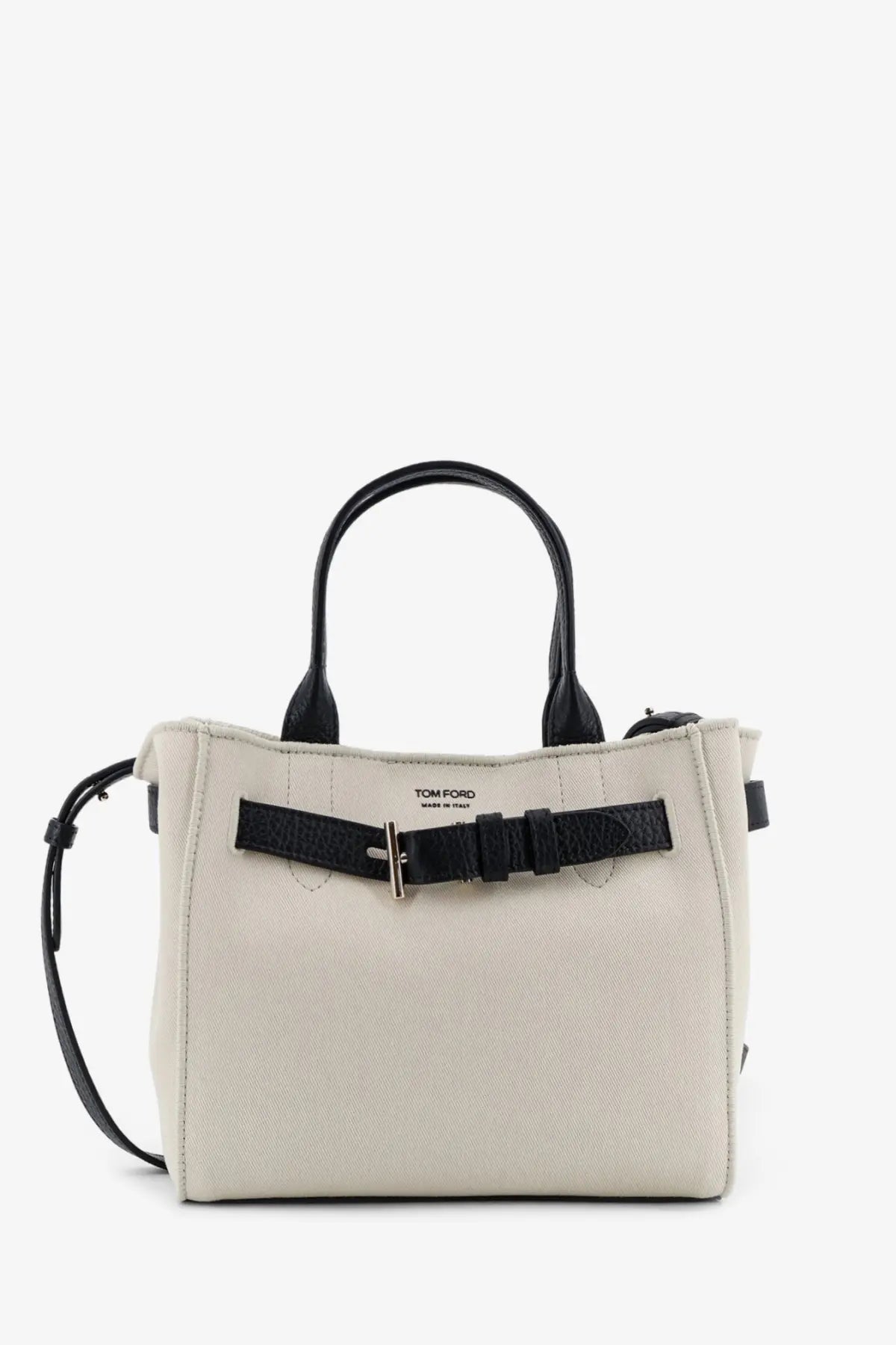 Cream-colored tom ford tote bag with black leather handles and crocodile-textured belt detail for women