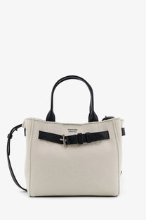 Cream-colored tom ford tote bag with black leather handles and crocodile-textured belt detail for women
