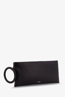 Tom ford women’s aura black leather clutch bag with large circular handle and minimalist branding