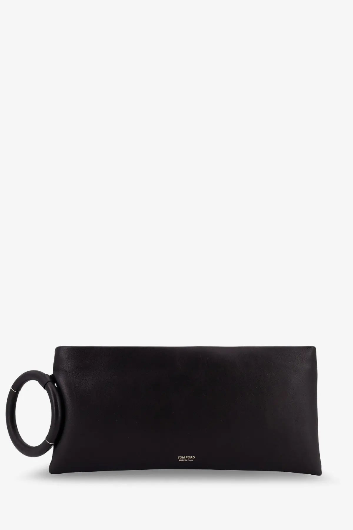 Tom Ford women’s aura black leather clutch bag with large circular handle and minimalist branding