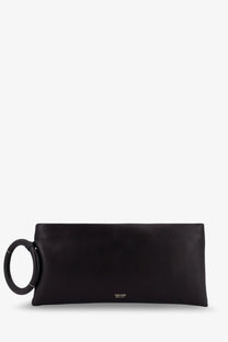 Tom Ford women’s aura black leather clutch bag with large circular handle and minimalist branding