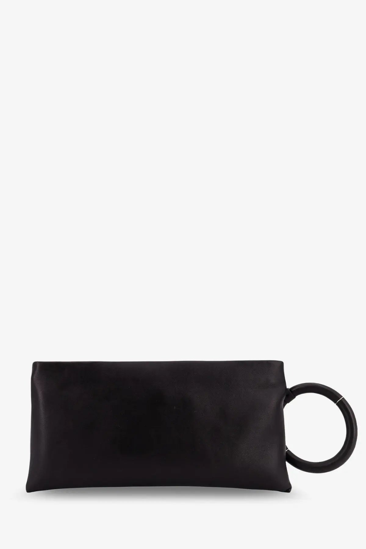 Tom Ford women’s aura black leather clutch bag with sleek minimalist design and bold circular handle