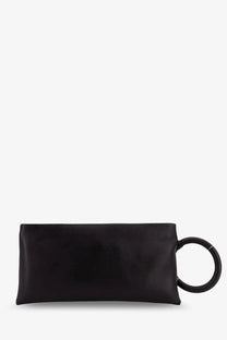 Tom Ford women’s aura black leather clutch bag with sleek minimalist design and bold circular handle