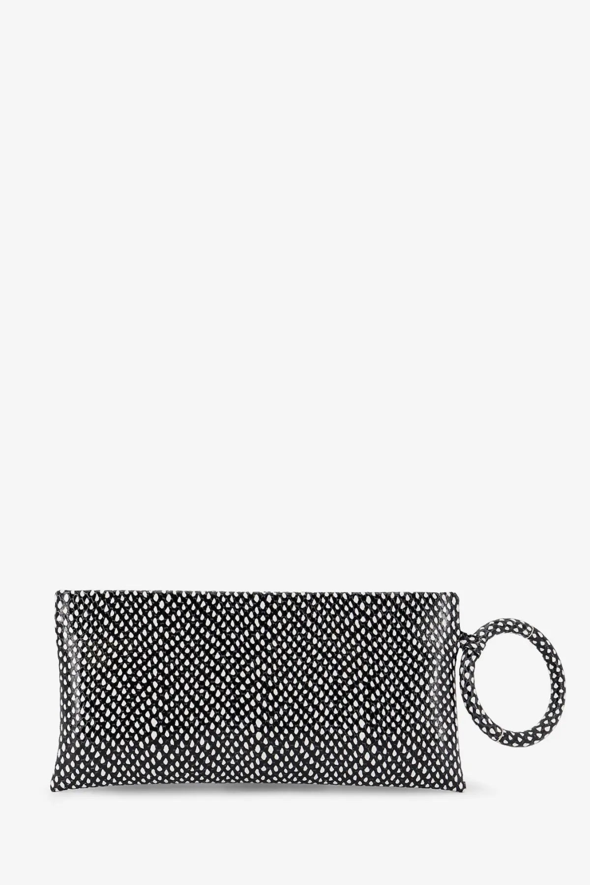 Tom Ford women’s aura leather clutch bag black with subtle white teardrop pattern and braided ring handle