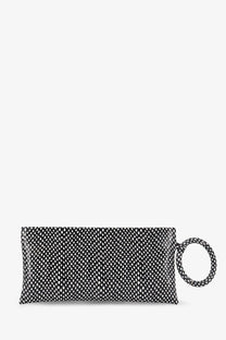 Tom Ford women’s aura leather clutch bag black with subtle white teardrop pattern and braided ring handle