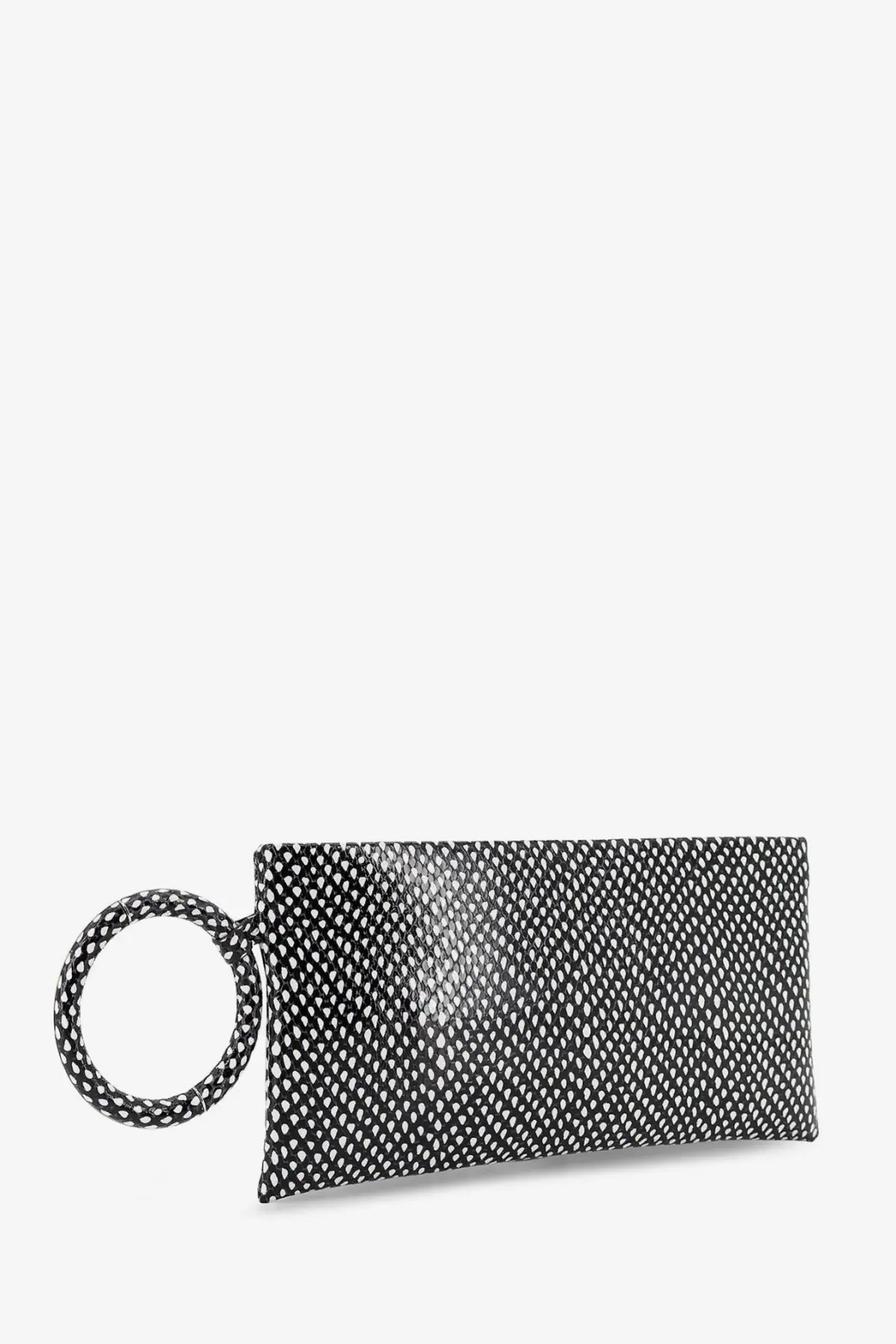 Tom ford women’s aura leather clutch bag black with textured scale-like pattern and matching circular handle
