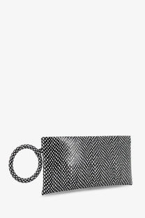 Tom ford women’s aura leather clutch bag black with textured scale-like pattern and matching circular handle