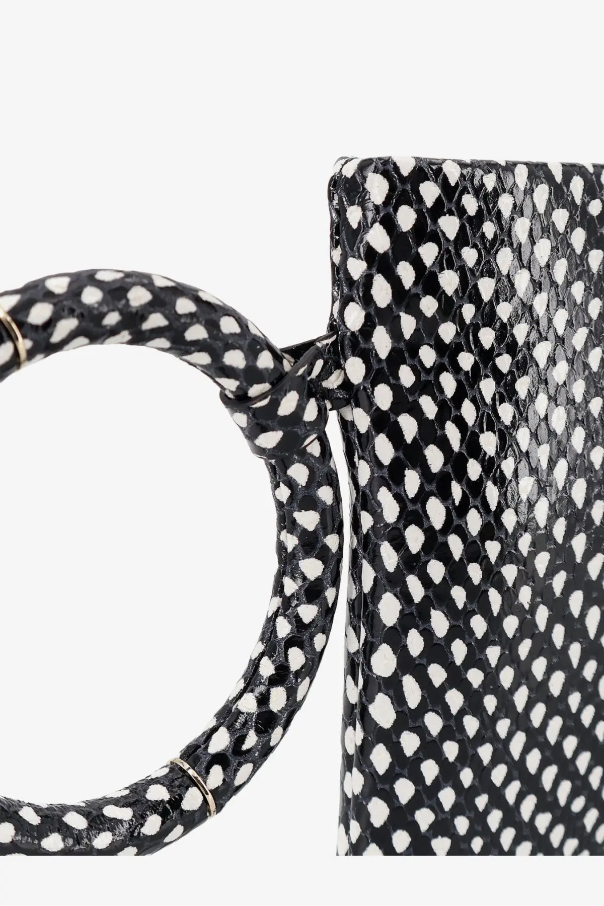 Tom Ford women’s aura leather clutch bag in black with black and white spotted snake skin and matching circular handle