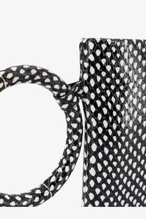 Tom Ford women’s aura leather clutch bag in black with black and white spotted snake skin and matching circular handle