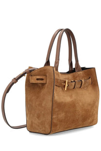 Tom ford women’s bag audrey small brown tan suede tote with brown leather handles and gold-tone hardware accents