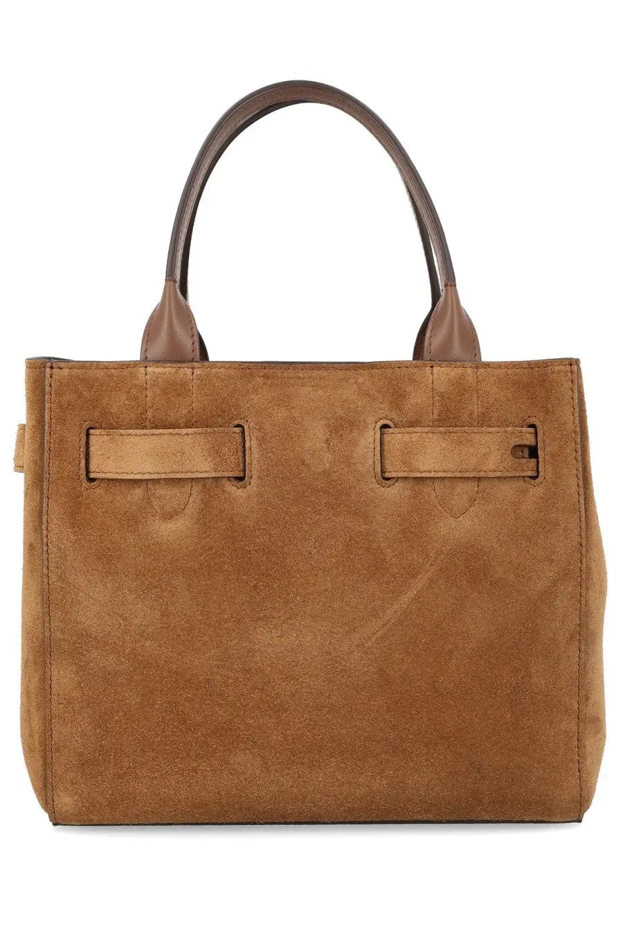Tom Ford women’s Audrey small tote bag in tan suede with brown leather handles and matching belt-style straps