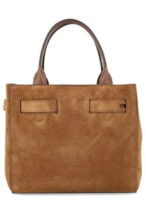 Tom Ford women’s Audrey small tote bag in tan suede with brown leather handles and matching belt-style straps