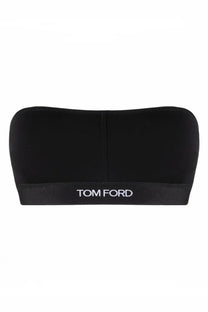 Tom Ford women’s black bandeau top with sleek minimalist design and subtle white logo band at the bottom