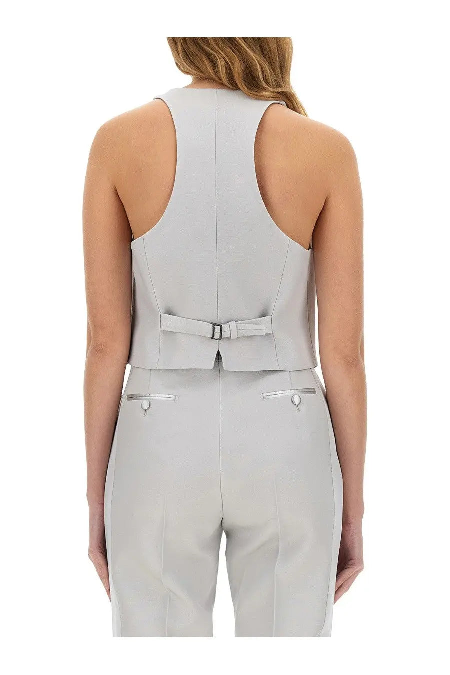 Tom Ford women’s barathea silk wool vest grey light gray sleeveless with central belt and minimalist design