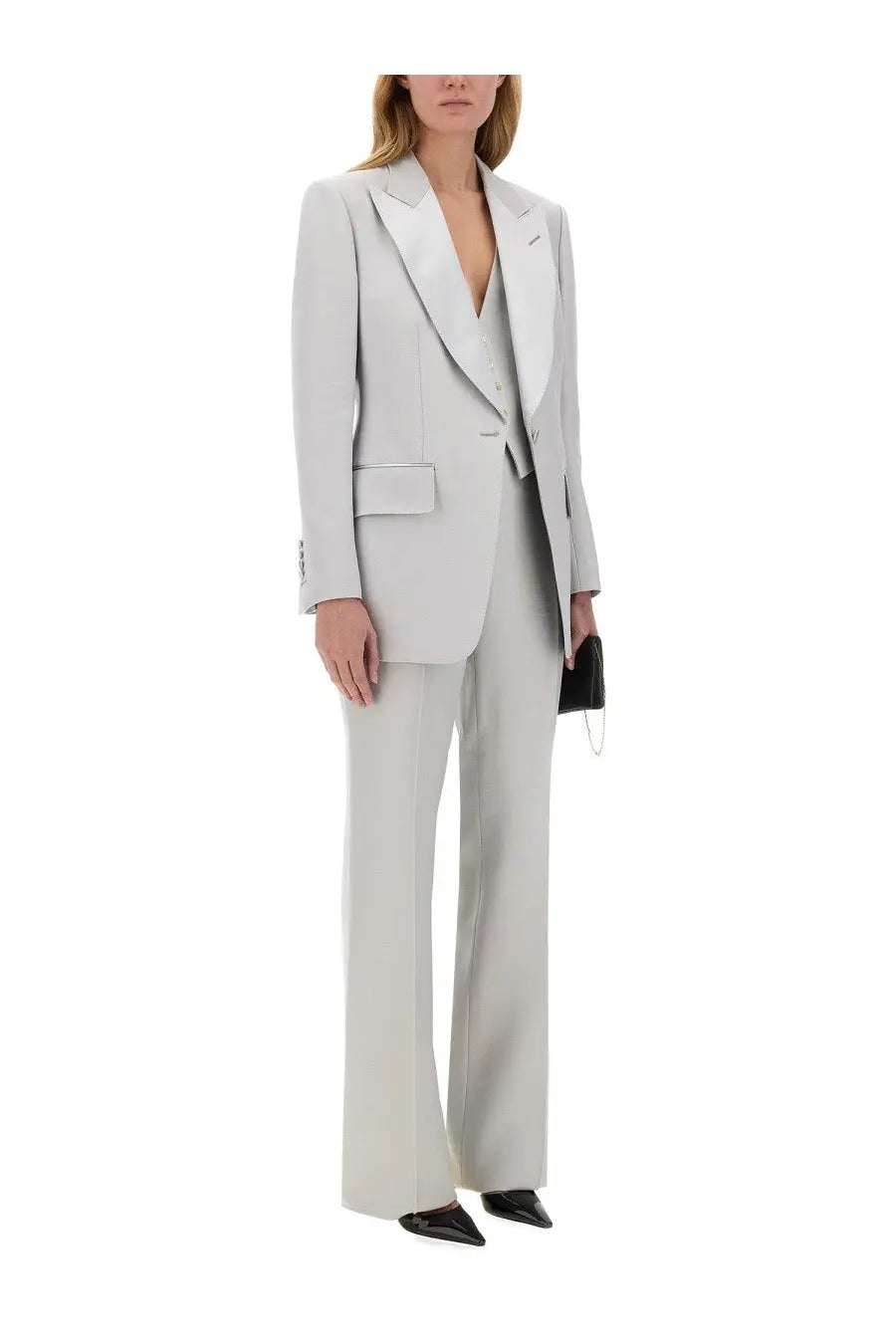 Tom Ford women’s gray silk wool vest with a sleek tailored fit and notched lapel in light gray fabric