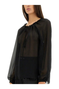 Tom ford women’s black silk blouse with sheer fabric ruffled neckline and tassel detail