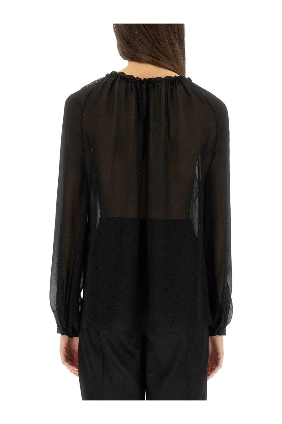 Tom Ford women’s black silk sheer chiffon blouse with ruched neckline and long sleeves