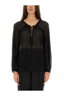 Tom Ford women’s black sheer silk blouse with long sleeves ruffled neckline and lace-up front detail