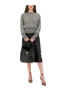 Black leather handbag with gold-tone t-shaped clasp paired with tom ford women’s grey boat neck sweater