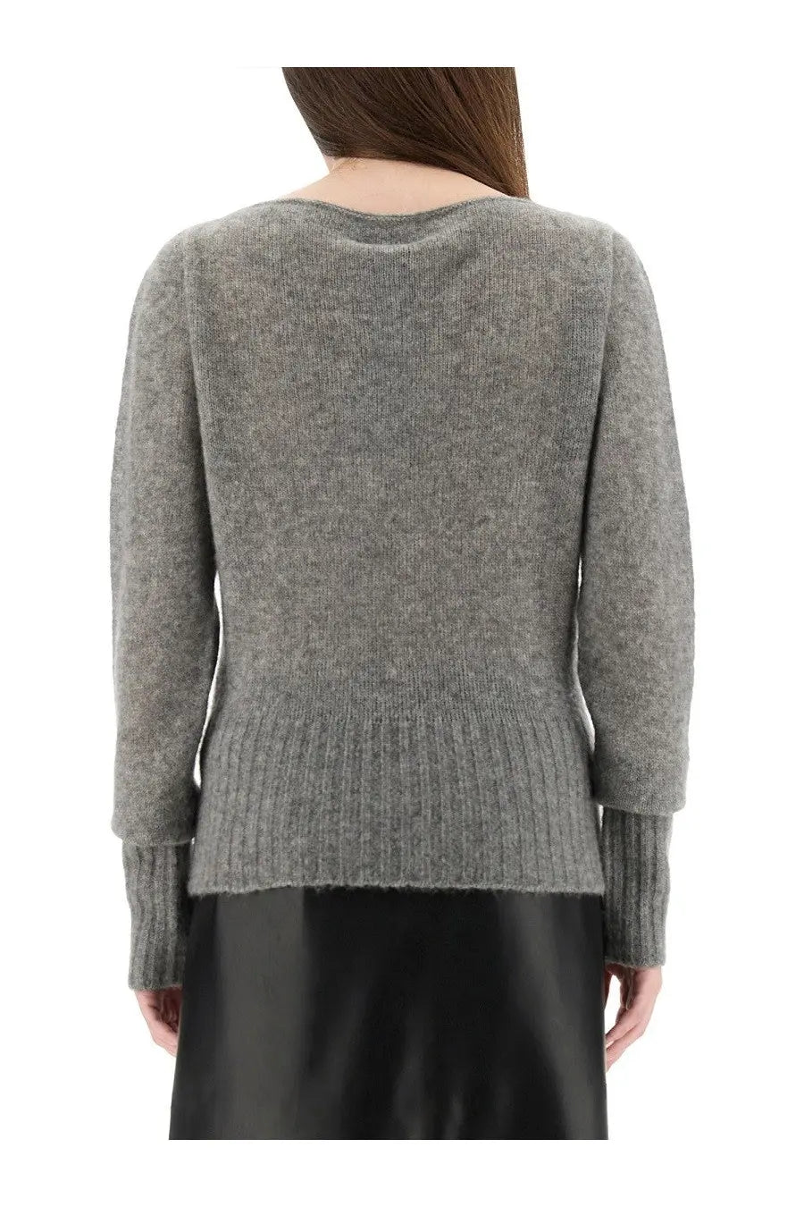 Tom Ford women’s boat neck sweater in soft heathered gray knit with ribbed hem and cuffs