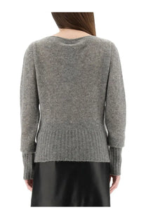 Tom Ford women’s boat neck sweater in soft heathered gray knit with ribbed hem and cuffs