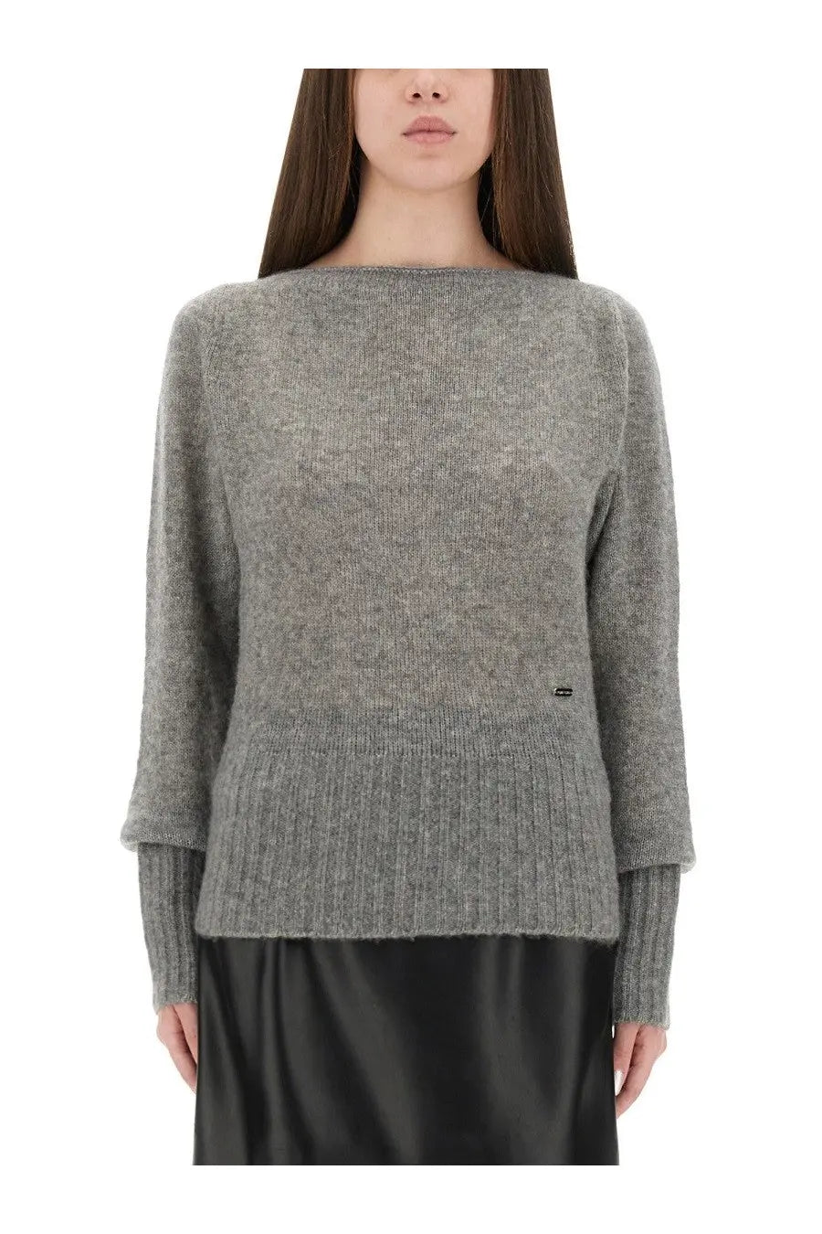 Tom ford women’s soft heathered gray knit sweater with boat neckline and ribbed cuffs