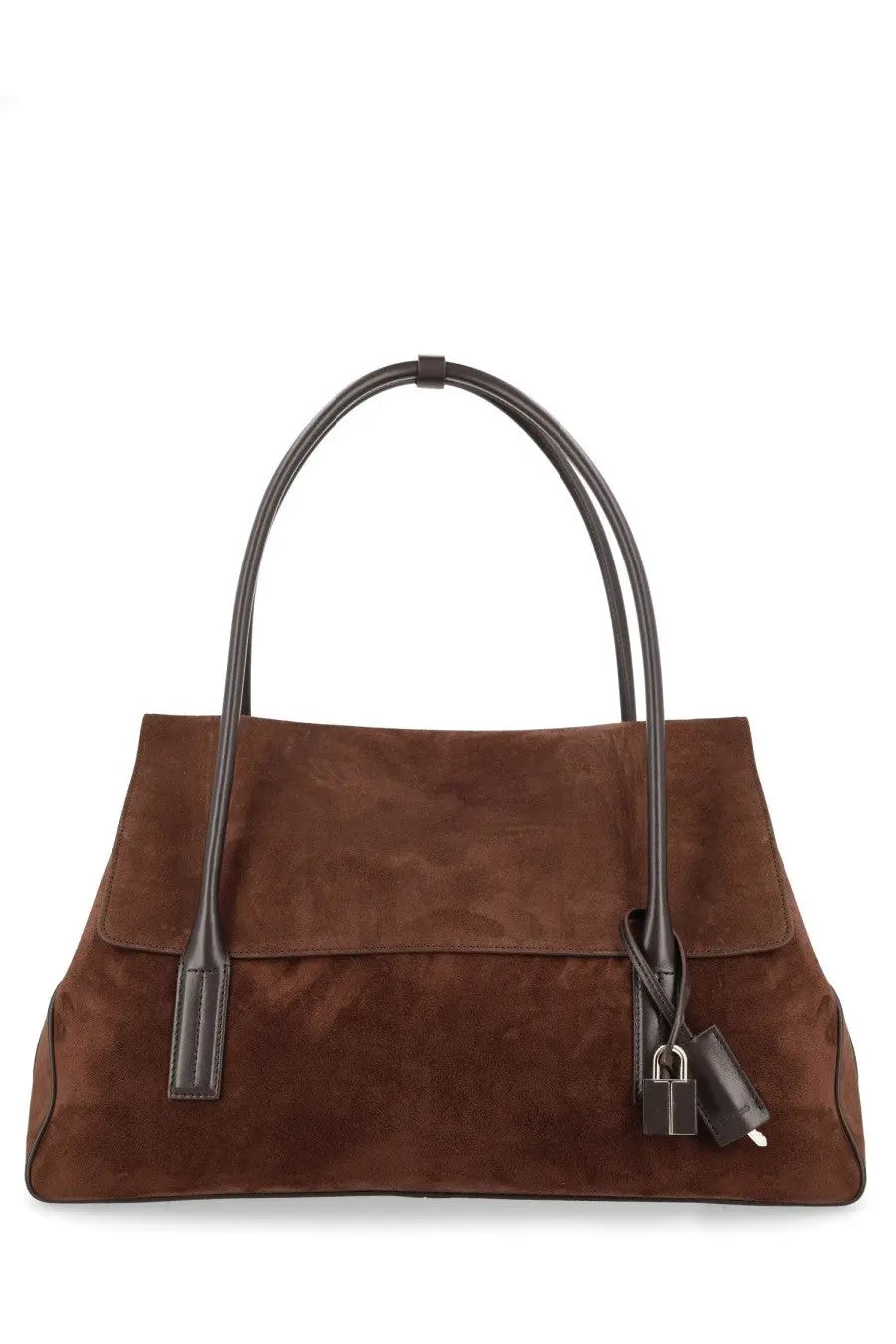 Tom Ford women’s borsa tote in brown suede with black leather handles and matching lock and key closure