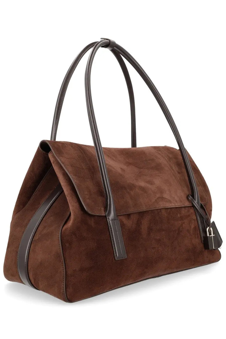 Tom Ford women’s borsa tote in brown suede with black leather handles and matching lock closure