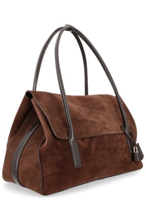 Tom Ford women’s borsa tote in brown suede with black leather handles and matching lock closure