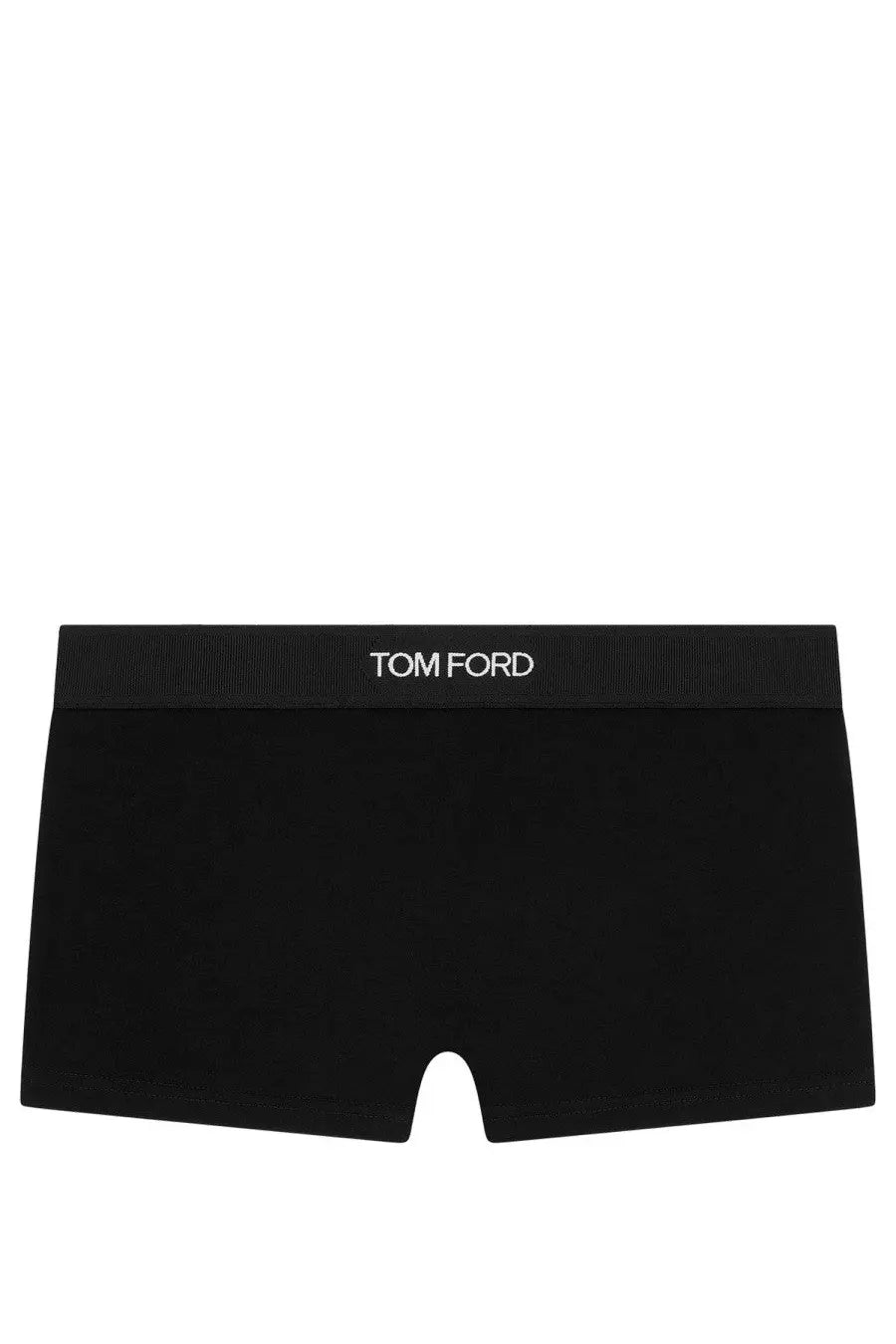 Tom Ford women’s boxer briefs in black with ribbed waistband featuring white Tom Ford logo for comfortable wear